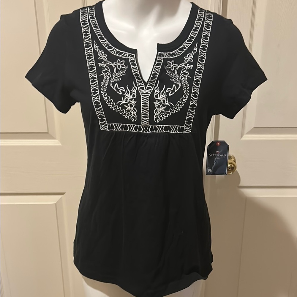 St. John's Bay Black Blouse with White Embroidery Top. NWT. PM